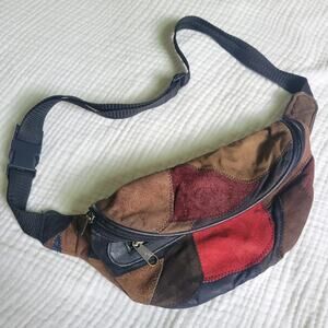 Vintage Patchwork Leather Fannypack Belt Bag Brown Black Red Boho 90s